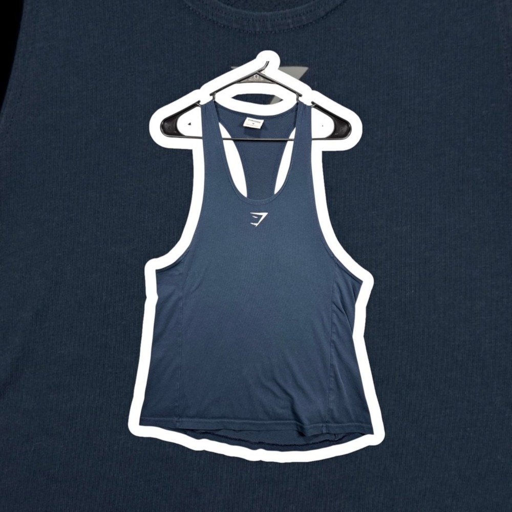 Gymshark React Stringer Tank Top Mens Medium Navy Blue Ribbed Mesh Gym Workout